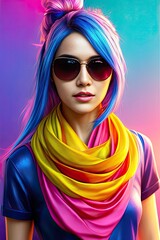 Wall Mural - Glamorous hipster teenager in sunglasses. Vertical view portrait of millennial pretty girl with clothing and hairstyle in neon colors. Сoncept of nightclub. Generative AI