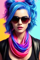 Wall Mural - Glamorous hipster teenager in sunglasses. Vertical view portrait of millennial pretty girl with clothing and hairstyle in neon colors. Сoncept of nightclub. Generative AI