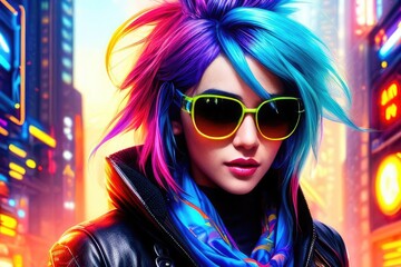 Wall Mural - Glamorous hipster teenager in sunglasses. Portrait close up of millennial pretty girl with clothing and hairstyle in neon colors. Сoncept of nightclub. Generative AI