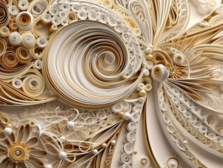 Paper made Quilling craft technic white and gold abstract background lines Created with Generative AI technology