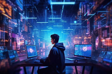 Photo of a hacker working on a computer at a desk