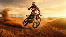 Dirt Bike Rider Doing A Big Jump. Supercross, Motocross, High Speed. Sport Concept