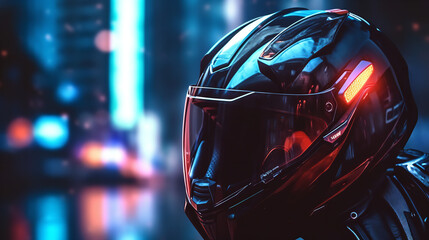 Wall Mural - motorcyclist helmet on a motorcycle seat in a night city close up photo