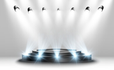 Wall Mural - podium, pedestal or platform, illuminated by spotlights in the background. vector illustration. brig