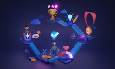 Wall Mural - Gamified loyalty program stages with bonuses and development 3D illustration. Marketing engagement campaign to make user collect points, benefits and score for gifts and motivational rewards.