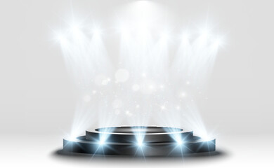 Wall Mural - podium, pedestal or platform, illuminated by spotlights in the background. vector illustration. brig