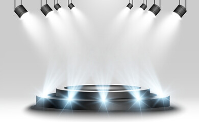 Wall Mural - podium, pedestal or platform, illuminated by spotlights in the background. vector illustration. brig