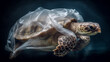 © ADDICTIVE STOCK - Generative AI illustration of wild sea turtle in transparent plastic bag swimming underwater representing concept of environmental pollution