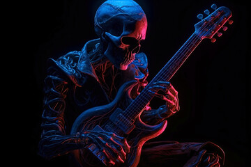 A skeleton rocker or punk plays bass guitar. Neon Generative AI illustration.