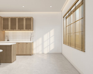 Wall Mural - Modern japan style kitchen room decorated with kitchen cabinet and kitchen counter, white wall and polished floor. 3d rendering