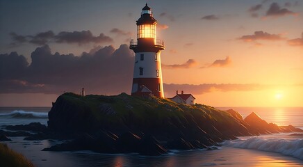 lighthouse on the coast at beautiful dawn background created with generative ai