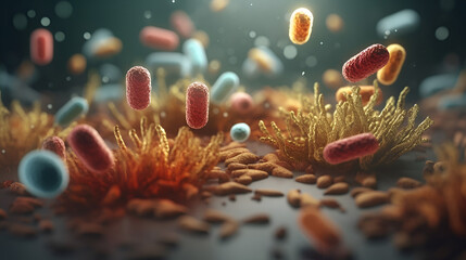 Abstract bacteria, probiotics, gram positive bacteria bacteria and viruses of various shapes against a light background. Concept of science, medicine. Microbiology background. 3d illustration