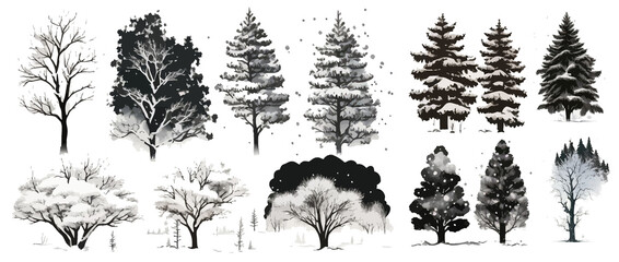 Aufkleber - Winter trees of deciduous and coniferous species with snow covered branches. Generative AI