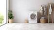 White blurry home laundry room with modern washing machine and empty marble table top. Blank space for product display