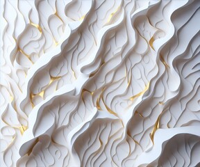 3D abstract white papercut background accentuated with delicate golden pattern halftone particle elements. 3d Combine flowing organic metalic forms with precise geometric shapes. Generative Ai.