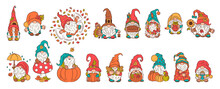 Fall Gnomes Cute Character Bundle. Adorable Swedish Gnomes Big Set. Autumn Scandinavian Gnome Tomte Funny Character. Cute Design For Print, Mascot, Toy, Etc. Cottagecore Harvest Thanksgiving Theme.