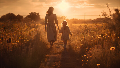 Mother and daughter embrace in nature beauty at sunset meadow generated by AI