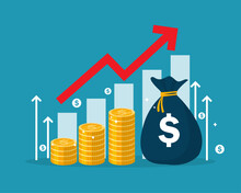 Business Finance Graph Growth And Bag Money Coin. Investment Arrow Up. Profit Income Chart Increase. Vector Illustration Flat Design.