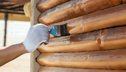 stack of wood. Man hand with a brush closeup. wallpaper Painting walls of a log house, Applying varnish paint on a wooden