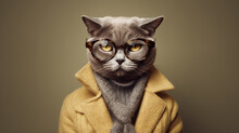 A Fashionable Cat In A Suit, A Leather Jacket, A Scarf And Glasses, A Stylish Portrait. AI Generated.