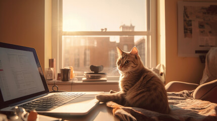 Cat in the bedroom sitting at a laptop, freelancer, online work from home. AI generated.
