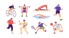 Different Physical Activities, Do Sports Set. People Cycling, Jogging, Swimming, Exercising, Playing Tennis, Basketball, Running. Flat Graphic Vector Illustrations Isolated On White Background
