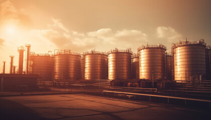 Wall Mural - Industrial sunset refinery, pipeline, storage tank, heavy equipment, pollution generated by AI