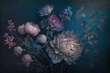 Wall Mural - Subtly textured blue and pink pastel painted flowers dark moody background. Generative AI AIG15.