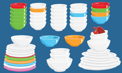 White and multicolor ceramic dishes stack on wood table vector illustration. Flat vector isolated. White dishes stack clipart, multicolor bowl stack clipart in cartoon style. Pile of dishes vector.
