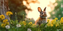 Rabbit With Nature Background - Wallpaper With Rabbit And Empty Copy Space For Text - Cute Beautiful Bunny Backdrop Created With Generative AI Technology
