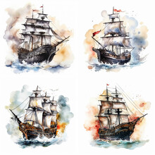 Medieval Pirate Sailing Ship Sailing On The Waves Of The Sea, Set Of Illustration In Watercolor Style, AI Generated