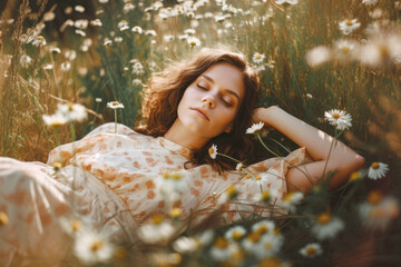 Wall Mural - Beautiful young woman lying in the field with chamomile flowers 