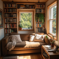 A mini library in the living room of a tiny house. Books are neatly arranged on a wooden book rack, a comfortable sofa for two people, and a white wall.
