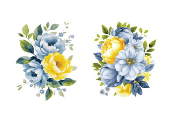 Watercolor yellow and blue flowers set , vintage vector