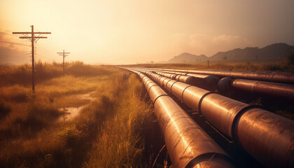 Canvas Print - Sunrise illuminates metal pipeline in diminishing perspective through tree landscape generated by AI