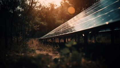 Poster - Green technology powers sustainable farm with solar panels in landscape generated by AI