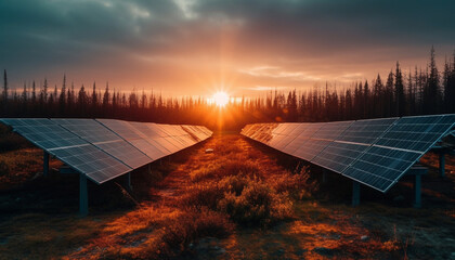 Poster - Sunset sky illuminates futuristic renewable energy landscape with wind turbines generated by AI