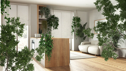 Green summer or spring leaves, tree branch over interior design scene. Natural ecology concept idea. Minimal kitchen and living room with many houseplants. Urban jungle design