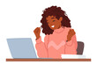 Joyful Woman Character Smiling While Working On Her Laptop, Radiating Positive Energy And Contentment