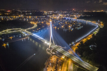 Wall Mural - aerial view of Sungai Kebun Bridge with the water village at Bandar Seri Begawan, Brunei Darussalam. night shot