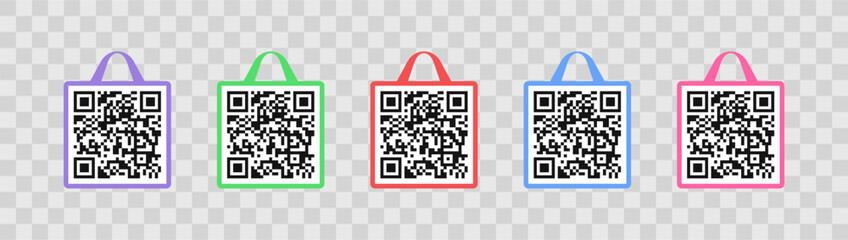 Set of vector frames of qr code and shopping bag vector design. Scanning barcode banner graphic design