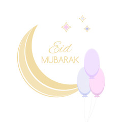 Card with moon, stars and colorful balloons on white for Eid Mubarak, Muslim festival. Frame, banner, wallpaper, celebration, congratulation, decoration, invitation, greeting.