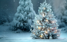 A Christmas Tree In A Forest, Adorned With Silver Round Ornaments And Lighting, Generative AI