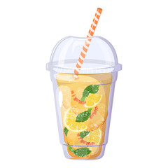 Wall Mural - Lemonade with peach, lemon and mint. Summer refreshing drink with peaches and ice in plastic cup isolated on white background. 	