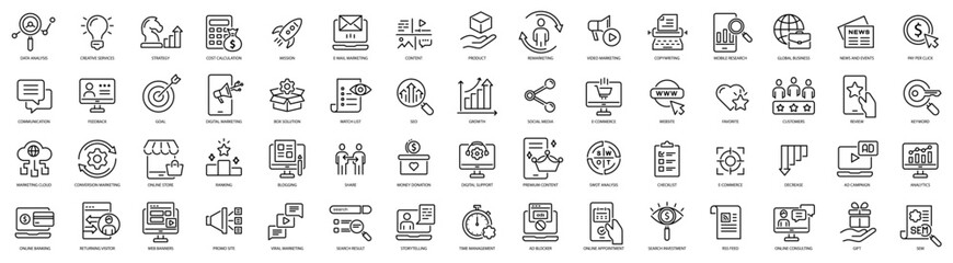 Wall Mural - Digital marketing line icons set. Marketing vector graphics. Set includes icons as promotion, announcement, management. Digital marketing line icons set.
