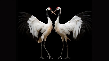  two white birds with black wings and red beaks standing next to each other.  generative ai