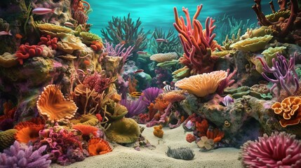 Wall Mural -  an underwater scene of corals and seaweed in a coral reef.  generative ai