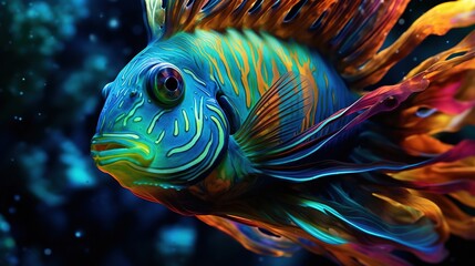  a colorful fish is swimming in the water with a black background.  generative ai