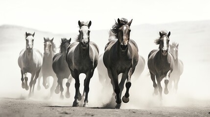 Poster -  a group of horses running on a dirt road in the wild.  generative ai