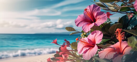 summer nature background, beautiful tropical island beach behind beautiful hibiscus flower bush, Generative Ai